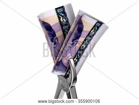 A Pair Of Medical Pliers Gripping A Rolled Up Pair Of Norwegian Kroner Bank Notes On An Isolated Whi