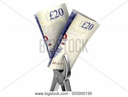 A Pair Of Medical Pliers Gripping A Rolled Up Pair Of British Pound Bank Notes On An Isolated White 