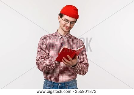 Waist-up Portrait Funny Cute Bearded Guy Red Beanie, Glasses, Write Down Notes During Lecture, Makin