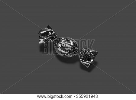 Blank Black Hadn Candy Foil Wrapper Mock Up, Dark Background, 3d Rendering. Empty Spun Cover For Sug