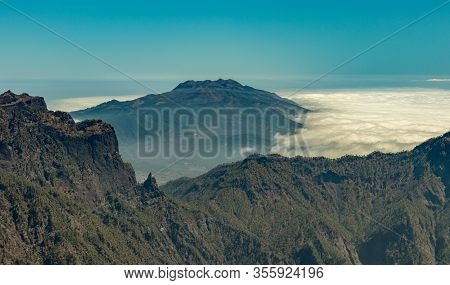 Above The Clouds. Aerial View Of The National Park Caldera De Taburiente, Volcanic Crater Seen From