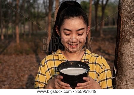 Portrait Gardener Young Asea Woman Look At A Full Cup Of Raw Para Rubber Milk Of Tree In Plantation 