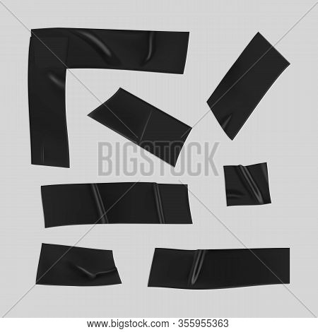 Black Duct Tape Set. Realistic Black Adhesive Tape Pieces For Fixing Isolated On Gray Background. Sc