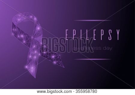 World Epilepsy Day Concept With Low Polygonal Ribbon. Bright Purple Awareness Ribbon On Dark Gradien