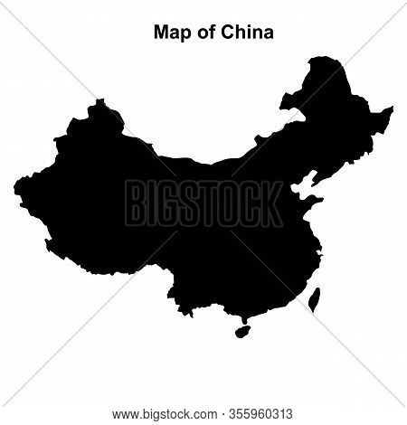 Map Of China With Regions And Cities. White And Black Graphic Illustration With Map Of China. Chines