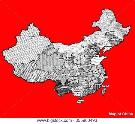Map Of China With Regions And Cities. White And Black Graphic Illustration With Map Of China. Chines