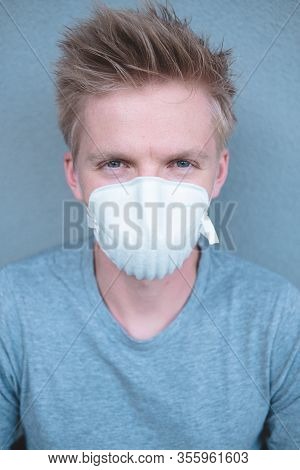Man Wearing Ffp3 Face Mask Respirator Against Flu