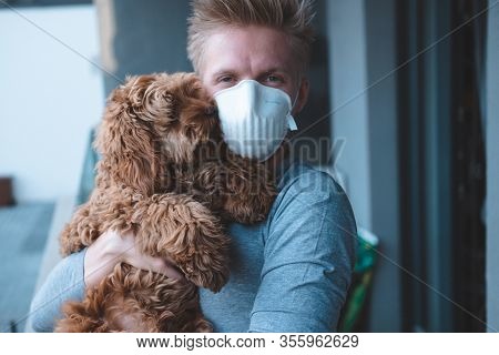 Man Wearing Ffp3 Face Mask Respirator With Dog