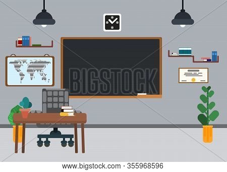 Classroom School Interior Teacher's Desk. Vector New
