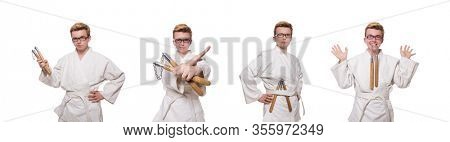 Funny karate fighter with nunchucks on white