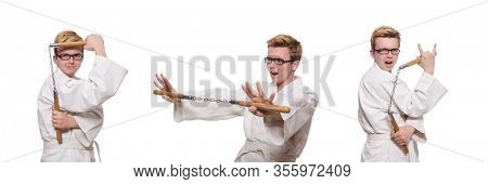 Funny karate fighter with nunchucks on white