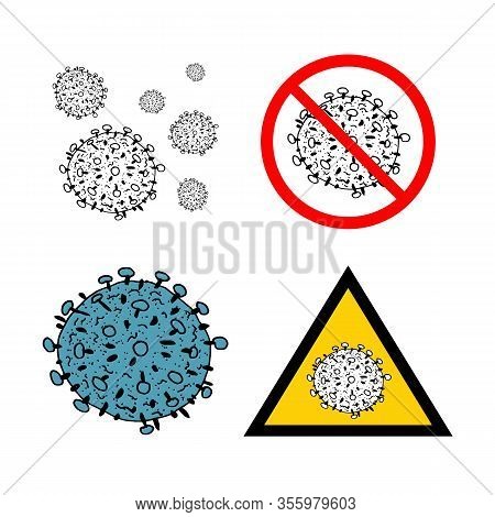 Set Of 4 2019-ncov Bacteria Isolated On White Background. Few Coronavirus In Red Circle Vector Icon.