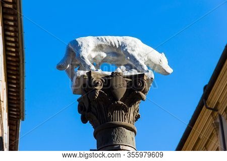 Siena, Tuscany, Italy: The Sienese She-wolf Located In Via Pantaneto In A Sunny Day