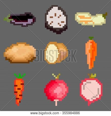 A Set Of Nine Food Elements In The Style Of A Small Number Of Pixels, Various Vegetables Such As Egg