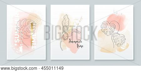 Summer Tropical Wall Arts Background. Palm Leaves, Banana Leaf, Monstera Leaf, Line Arts. Watercolor
