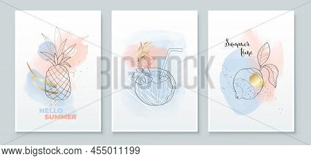 Summer Tropical Wall Arts Background. Pineapple, Coconut Cocktail, Fresh Drink Lemon, Line Arts. Wat
