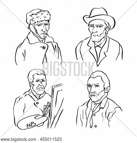 Set Of Famous Dutch Impressionist Painter Line Art Portraits. Hand Drawn Illustration In Cartoon Sty