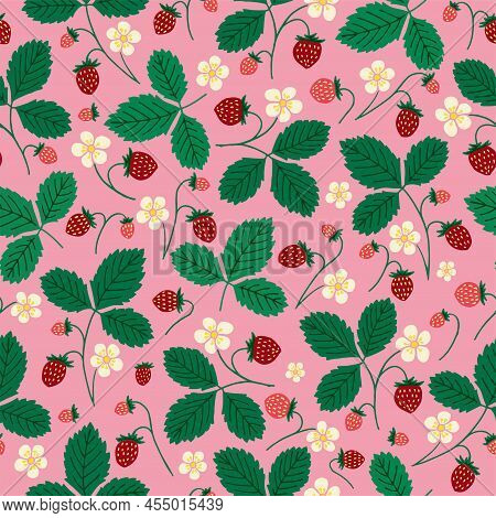 Strawberry Hand Drawing Pattern With White Flowers, Red Berries, Green Leaves. Cute Colorful Summer 