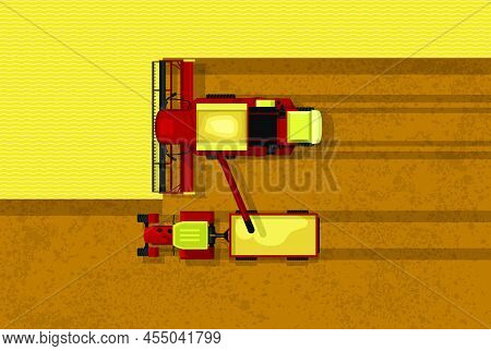 Grain Harvester Combine. Top View Of Harvester Combine And Tractor With Trailer On Field. Farmer Wor