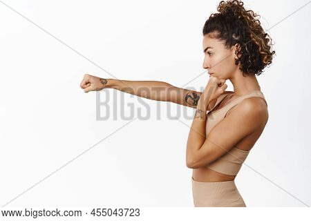 Image Of Sexy Fitness Woman Practice Box, Punching Air, Restle In Activewear, Doing Gym Exercises, W