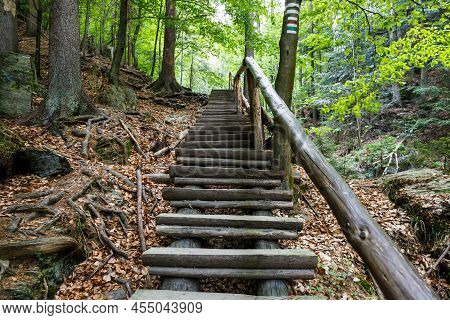 Wooden Walking Path At Resov Waterfalls In The Czech Republic