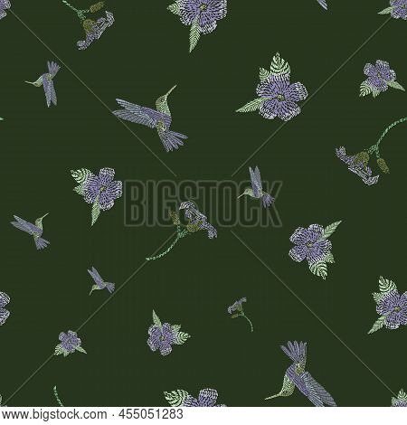 Vector Seamless Flying Hummingbird Floral Pattern, Spring Summer Time, Gentle Romantic On A Dark Gre