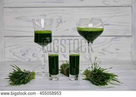 Composition Glasses Different Shapes And Volumes Filled With Vitamin Wheatgrass Is Used For Subject 