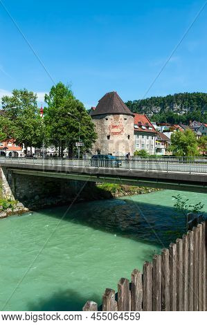 Feldkirch, Austria - May 20, 2022: View Of The Old Town Of Feldkirch With The Water Tower On The Ban