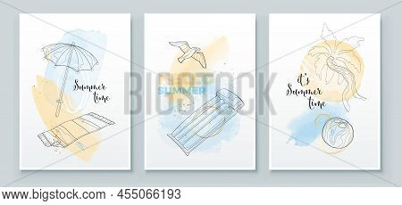 Summer Tropical Wall Arts Background. Beach Umbrella, Sand Mat, Air Mattress, , Line Arts. Watercolo