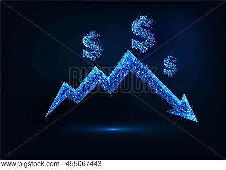 Futuristic Recession, Financial Crisis Concept With Glowin Down Arrow Chart And Dollar Sign