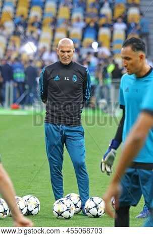 Kyiv, Ukraine - May 26, 2018: Real Madrid Head Coach Zinedine Zidane Looks On During Training Sessio