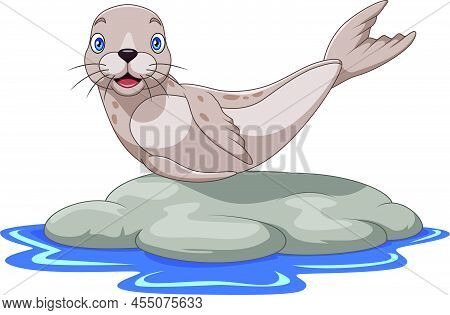 Vector Illustration Of Cartoon Sea Lion On The Rock