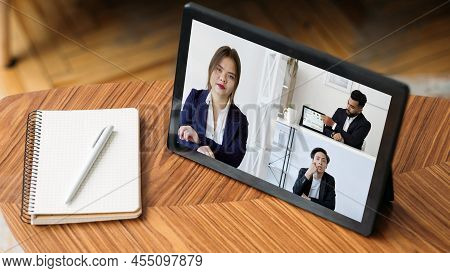 Video Conference. Wfh Technology. Professional Telecommuting. Diverse Business People Watching Onlin
