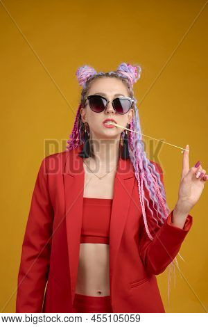 Cool Young Woman In Sunglasses With Chewing Bubble Gum. Arrogant Emotion