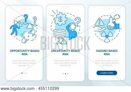 Risks Types Blue Onboarding Mobile App Screen. Problems Analysing Walkthrough 3 Steps Graphic Instru