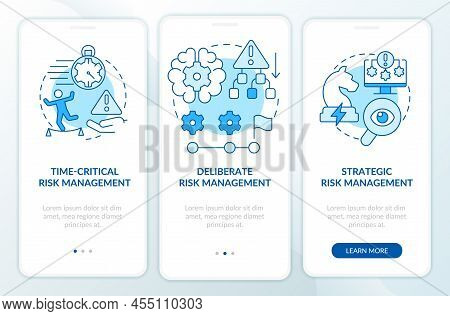 Operational Risk Management Levels Blue Onboarding Mobile App Screen. Walkthrough 3 Steps Graphic In