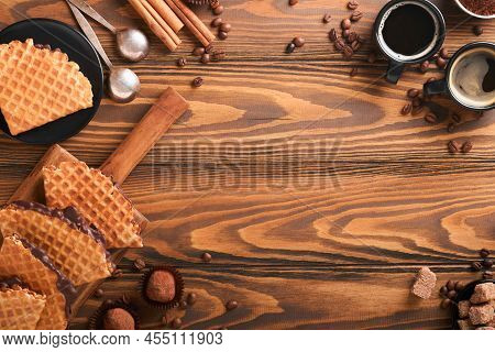 Coffee And Dutch Waffles. Espresso Coffee And Dutch Waffles Or Syrupwaffles Cookies With Chocolate O