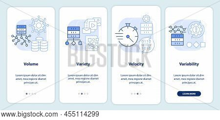 Characteristics Of Big Data Light Blue Onboarding Mobile App Screen. Walkthrough 4 Steps Graphic Ins