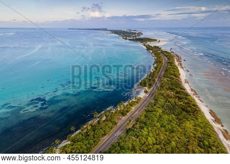 Aerial View Of Tropical Beach Landscape And Local Road At Addu City, The Southernmost Atoll Of Maldi
