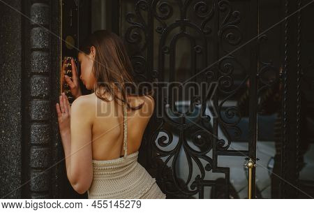 Sad Woman Intercom Access Code. Lady Female Doorbell At Building Entrance. Young Dress Girl Door Bel