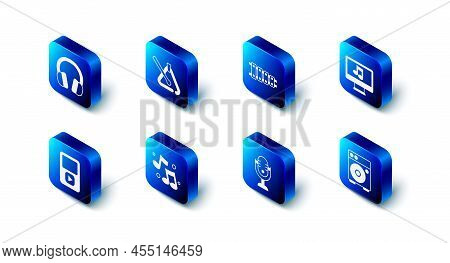 Set Triangle Musical Instrument, Xylophone, Computer With Note, Guitar Amplifier, Microphone, Music 