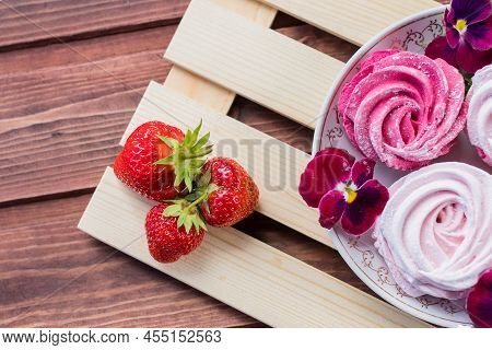 Homemade Sweets. Marshmallow Zephyr Background. Flat Lay. Top View. Pink Sweet Homemade Zephyr Or Ma