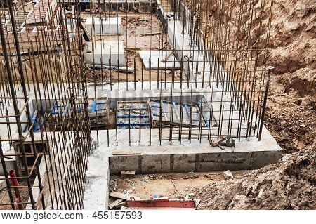 Construction Site Close-up. Arrangement Of Reinforced Concrete Grillage. Construction Of The Lower L