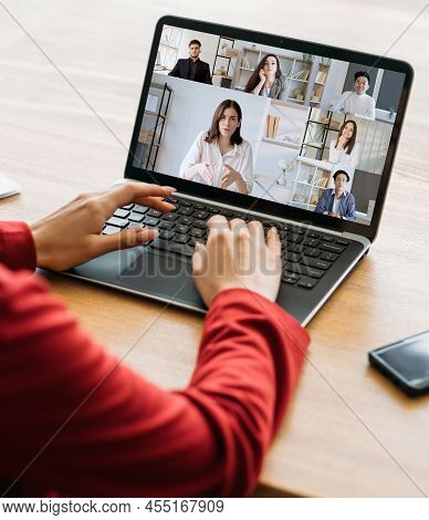 Web Meeting. Virtual Business. Corporate Telecommuting. Diverse Team Working Online Discussing Proje