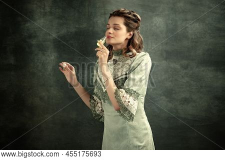 Conceptual Portrait Of Young Charming Girl In Image Of Medieval Royal Person Or Viscountess Posing I