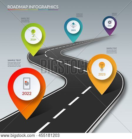Roadmap Timeline Infographic Template With 5 Pin Pointers On The Way. Vector Illustration. Can Be Us