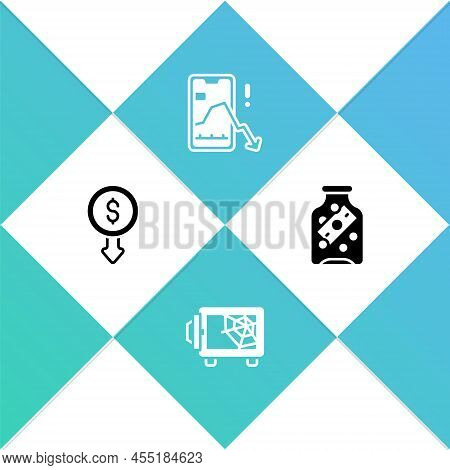 Set Dollar Rate Decrease, Safe, Mobile Stock Trading And Glass Money Jar With Coin Icon. Vector