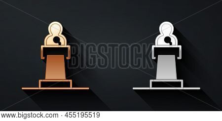 Gold And Silver Speaker Icon Isolated On Black Background. Orator Speaking From Tribune. Public Spee