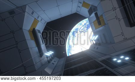 Spaceship Corridor. Interior Of A Futuristic Spaceship. View Of The Earth. 3d Rendering
