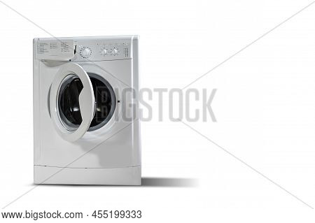 White Front Load Washing Machine Isolated On White Background. Modern Washer With Electronic Control